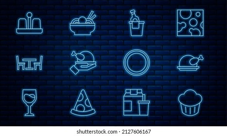 Set line Cupcake, Roasted turkey or chicken, Champagne in an ice bucket, Wooden table with chair, Salt and pepper, Plate and Asian noodles bowl icon. Vector