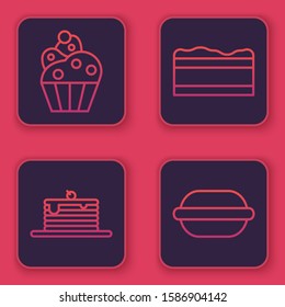 Set line Cupcake , Stack of pancakes , Brownie chocolate cake  and Macaron cookie . Blue square button. Vector