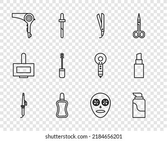 Set line Curling iron, Cream cosmetic tube, Nail polish bottle, Hair dryer, Mascara brush, Facial mask and Lipstick icon. Vector