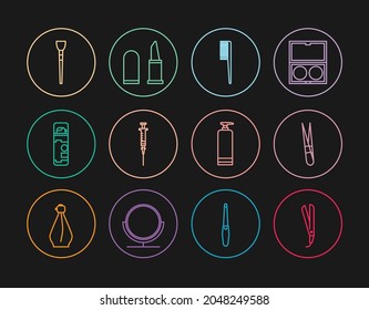 Set line Curling iron, Eyebrow tweezers, Hairbrush, Syringe, Shaving gel foam, Makeup, Cream cosmetic tube and Lipstick icon. Vector