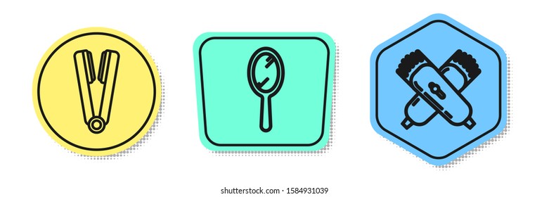 Set line Curling iron for hair, Hand mirror and Crossed electrical hair clipper or shaver. Colored shapes. Vector
