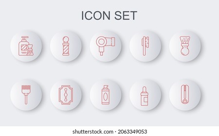 Set line Curling iron for hair, Hairbrush, dryer, Beard and mustaches care oil bottle, Shaving gel foam, Classic Barber shop pole, Blade razor and  icon. Vector