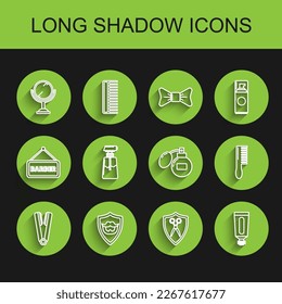 Set line Curling iron for hair, Mustache and beard shield, Hand mirror, Scissors hairdresser, Cream lotion cosmetic tube, Hairbrush and Aftershave icon. Vector