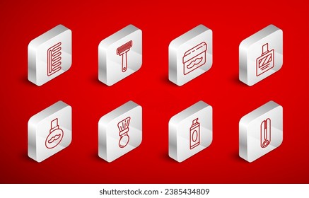 Set line Curling iron for hair, Shaving razor, Cream lotion cosmetic jar, Aftershave, gel foam, Hairbrush,  and Beard and mustaches care oil bottle icon. Vector