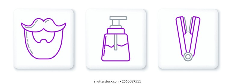 Set line Curling iron for hair, Mustache and beard and Aftershave icon. Vector