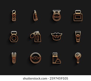 Set line Curling iron for hair, Mustache, Classic Barber shop pole, Shaving gel foam, Hand mirror, Aftershave bottle with atomizer, Cream lotion cosmetic tube and beard icon. Vector