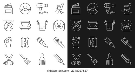Set line Curling iron, Hairbrush, Mustache and beard, dryer, Coffee cup, Barbershop with razor, Cream cosmetic jar and Towel hanger icon. Vector