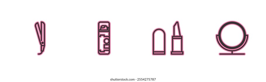 Set line Curling iron, Lipstick, Shaving gel foam and Round makeup mirror icon. Vector