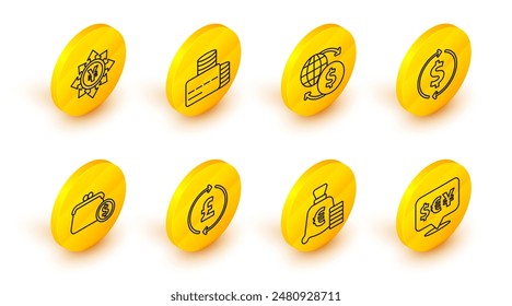 Moneda de cambio, Moneda de dinero con el símbolo del euro, libra, Monedas de la cartera, Crecimiento financiero y dólar, Dinero, Tarjeta de crédito y el icono del yen. Vector