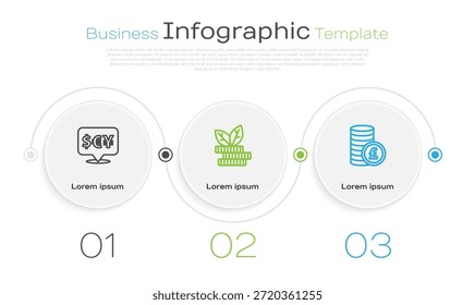 Set line Cambio de divisas, Planta de dólares y Moneda con libra. Plantilla de infografía de negocios. Vector