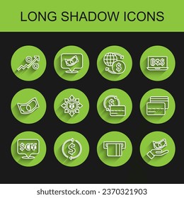 Set line Currency exchange, Financial growth and dollar, Percent up arrow, Credit card inserted, Hand holding money, Coin with Yen,  and  icon. Vector
