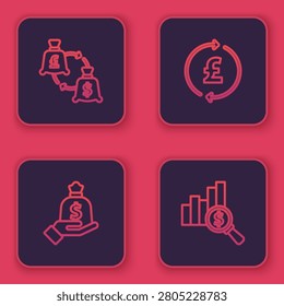 Set line Currency exchange, Hand holding money bag, Coin with pound and Pie chart dollar. Blue square button. Vector
