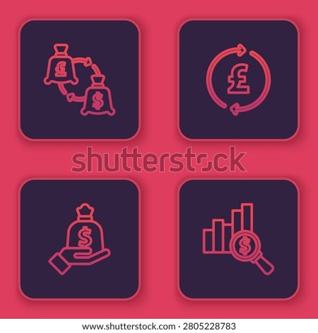 Set line Currency exchange, Hand holding money bag, Coin with pound and Pie chart dollar. Blue square button. Vector
