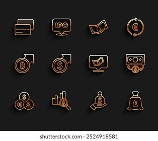 Set line Currency exchange, Pie chart and dollar, Credit card, Hand holding money bag, Coin with pound, Financial growth, Stacks paper cash and  icon. Vector