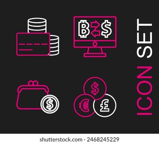 Set line Currency exchange, Wallet with coins, Cryptocurrency and Credit card icon. Vector