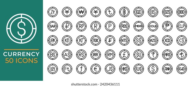 Set of line currency icons Graphic design vector illustration. can be used for website interfaces, mobile applications and software