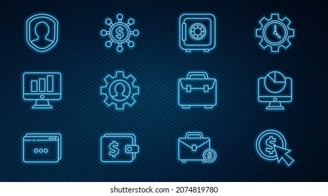 Set line Cursor and coin, Computer monitor with graph chart, Safe, Human gear inside, Monitor, User protection, Briefcase and Dollar, share, network icon. Vector
