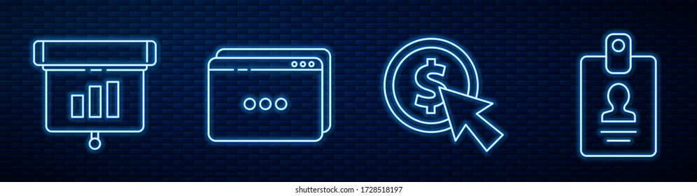 Set line Cursor and coin, Graph, chart, diagram, infographic, Website template and Identification badge. Glowing neon icon on brick wall. Vector