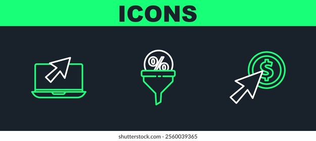 Set line Cursor and coin, Laptop cursor and Lead management icon. Vector
