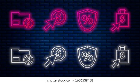 Set line Cursor and coin, Loan percent, Envelope with coin dollar and Shoping bag and dollar. Glowing neon icon on brick wall. Vector