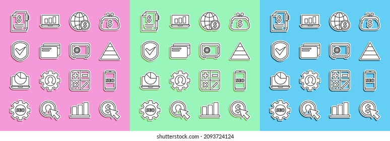 Set line Cursor and coin, Mobile phone SEO optimization, Pyramid chart infographics, Earth globe with dollar, Credit card, Shield check mark, Contract money pen and Safe icon. Vector