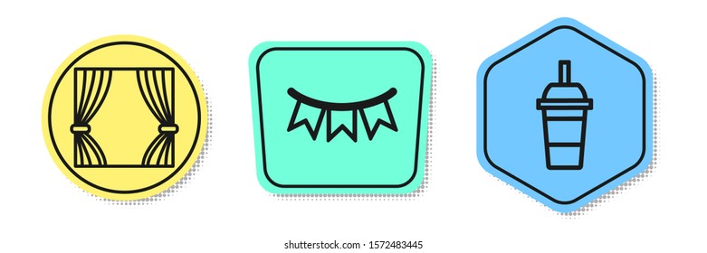 Set line Curtain, Carnival garland with flags and Paper glass with drinking straw and water. Colored shapes. Vector