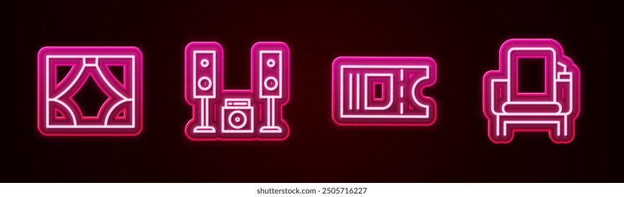 Set line Curtain, Home stereo with two speakers, Cinema ticket and chair. Glowing neon icon. Vector