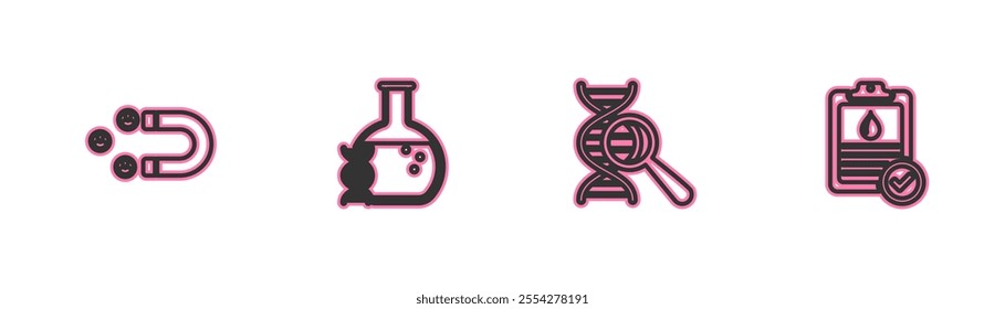 Set line Customer attracting, DNA research, search,  and Clipboard with blood test icon. Vector