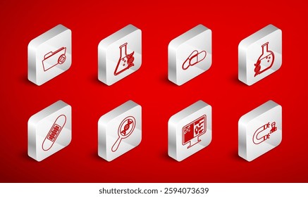 Set line Customer attracting, DNA research, search, Medicine pill or tablet, Clinical record on monitor, Health folder,  and Bandage plaster icon. Vector