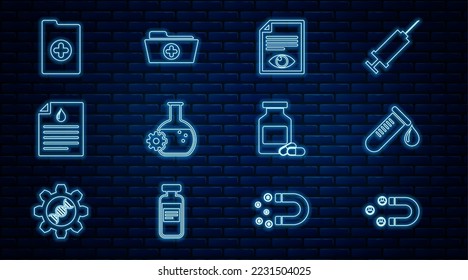 Fijar línea Atracción del cliente, Tubo de prueba con gota de sangre, Ojo de página de papel, Bioingeniería, Prueba del portapapeles, Registro clínico, Botella y píldoras de Medicina e icono de carpeta de salud. Vector