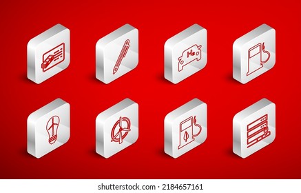 Set line Customer care server, Pen, Hydrogen, Petrol or Gas station, Bio fuel with fueling nozzle, Financial document, Rotating wind turbine and Light bulb icon. Vector