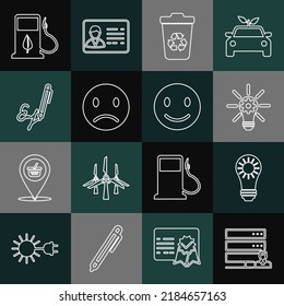 Set line Customer care server, Solar energy panel, Light bulb with gear, Recycle bin recycle, Sad smile, Signature, Bio fuel fueling nozzle and Smile face icon. Vector