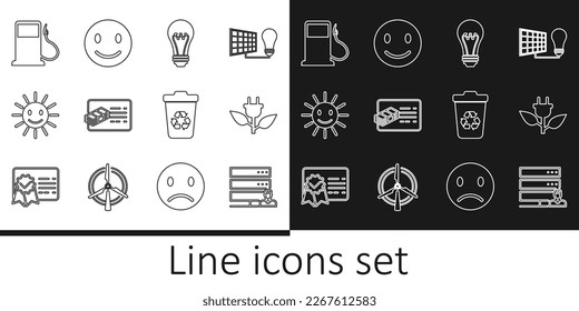Set line Customer care server, Electric saving plug in leaf, Light bulb, Financial document, Cute sun with smile, Petrol or Gas station, Recycle bin recycle and Smile face icon. Vector