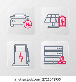 Set line Customer care server, Electric charging station, Solar energy panel and battery and Hydrogen icon. Vector