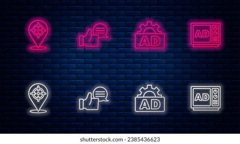 Fijar la línea Calificación de producto del cliente, Publicidad, Destino y . Icono de neón brillante en la pared de ladrillo. Vector