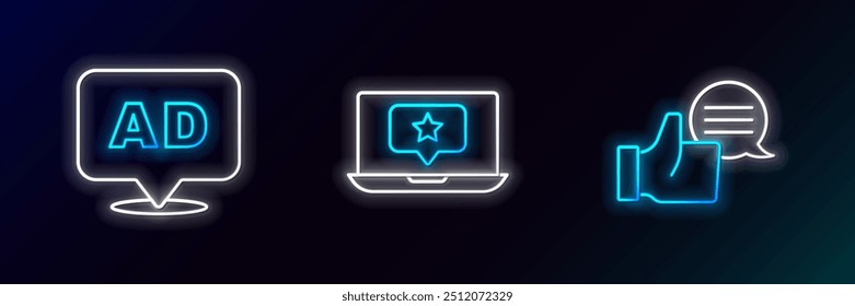 Set line Customer product rating, Advertising and Laptop with star icon. Glowing neon. Vector