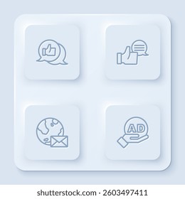 Set line Customer product rating, , Earth globe with mail and Advertising. White square button. Vector