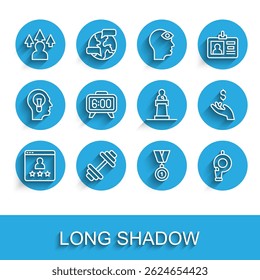 Set line Customer product rating, Dumbbell, Front end development, Medal, Whistle, Digital alarm clock, Hand holding coin money and Speaker icon. Vector