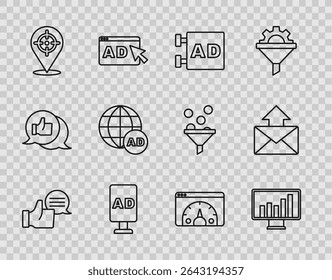 Stel de productbeoordeling van de klant in, Monitor met grafiekgrafiek, Adverteren, Doel, Website-statistiek en Mail- en e-mailpictogram. vector