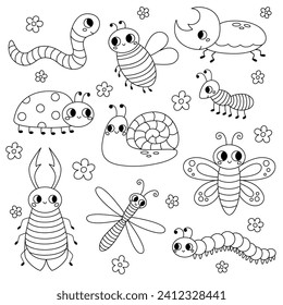 Set of line cute garden insects, bugs. Snail, butterfly, stag-beetle, dragonfly, worm, ladybug, bee, rhinoceros beetle, ant and caterpillar for children. Funny childish characters.