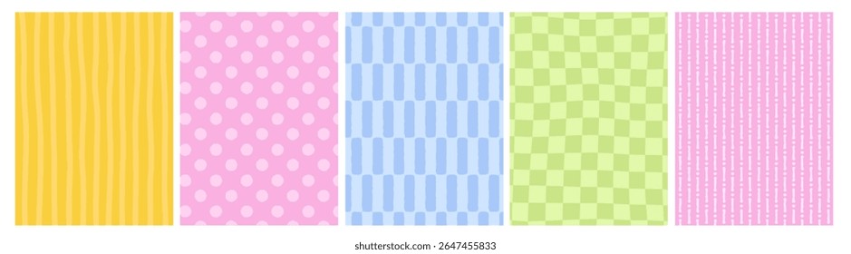 Conjunto de linha bonito padrões geométricos, fundo. Projeto para cartão, convite, capa, embalagem. Estilo La dolce vita. Pontos, listras, padrão de verificação em cores pastel macias.