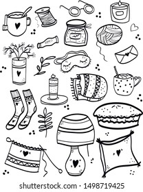 set line cute hygge elements illustrations vector, autumn,winter, stickers, design