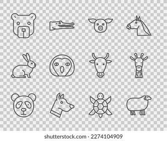 Set line Cute panda face, Sheep, Pig, Dog head, Bear, Owl bird, Turtle and Giraffe icon. Vector