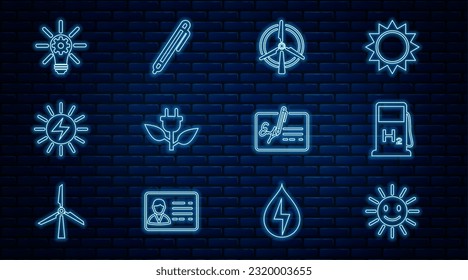 Fijar la línea Sol con sonrisa, Estación de llenado de hidrógeno, turbina eólica giratoria, hoja de enchufe de ahorro eléctrico, panel de energía solar, equipo de bombilla, documento firmado e icono de la pluma. Vector