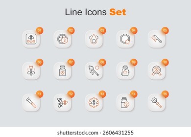 Set line Cutter roll for honey, Sale in jar of, Bee flower, Bees, Beekeeping knife, Honey award, Jar and dipper stick icon. Vector