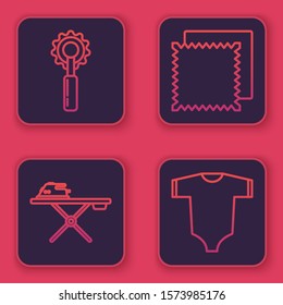 Set line Cutter tool, Electric iron and ironing board, Textile fabric roll and Baby clothes. Blue square button. Vector