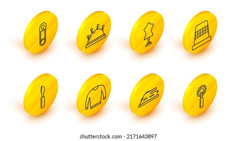 Fijar línea herramienta Cutter, hierro eléctrico, suéter, esbelto para coser, maniquí, cama y agujas de aguja y icono de clavija de acero cerrado clásico. Vector