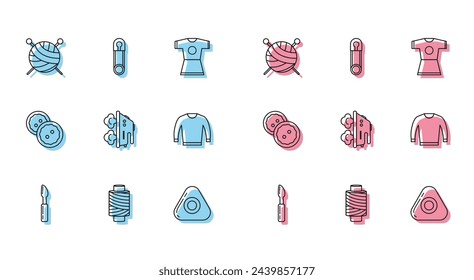 Set line Cutter tool, Sewing thread on spool, Yarn ball with knitting needles, chalk, Electric iron, Sweater, button for clothes and Classic closed steel safety pin icon. Vector