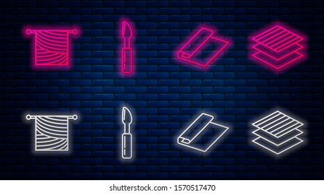 Set line Cutter tool, Textile fabric roll, Knitting and Textile fabric roll. Glowing neon icon on brick wall. Vector