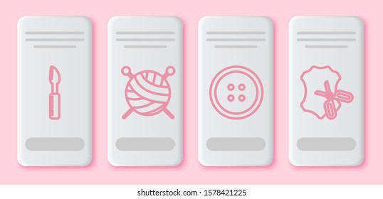 Set line Cutter tool, Yarn ball with knitting needles, Sewing button for clothes and Scissors and leather. White rectangle button. Vector